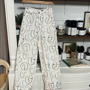 Abstract Face Print Cropped Jeans